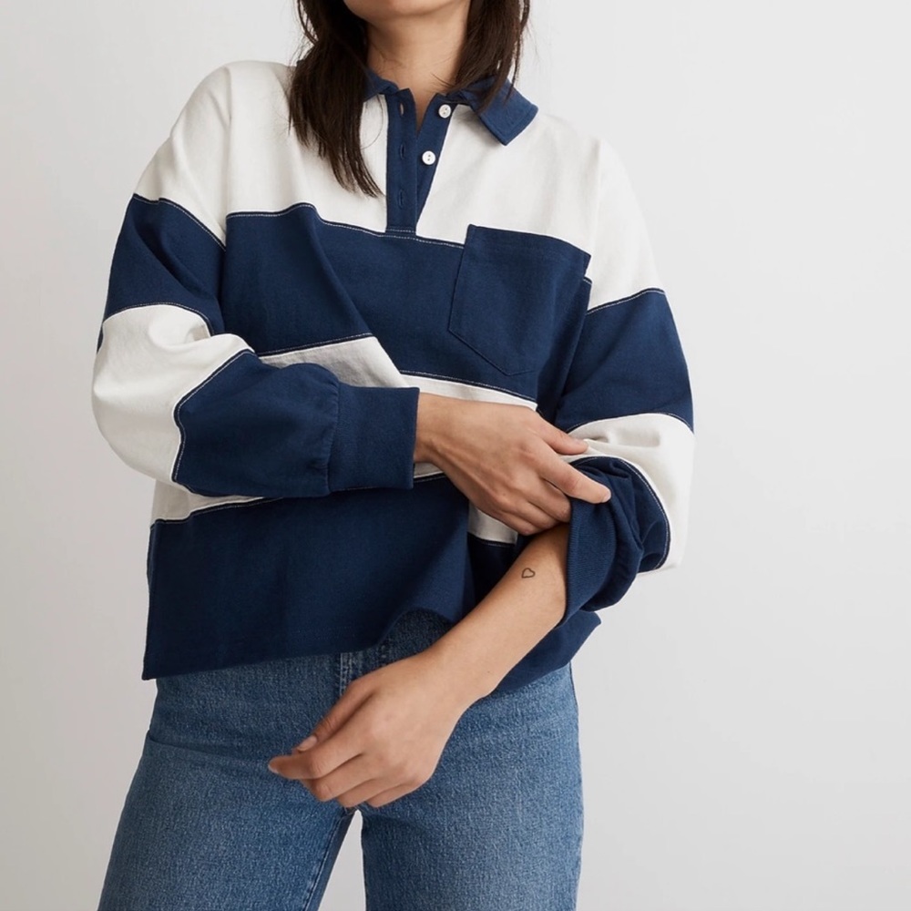 Madewell Navy and White Striped Rugby Pullover